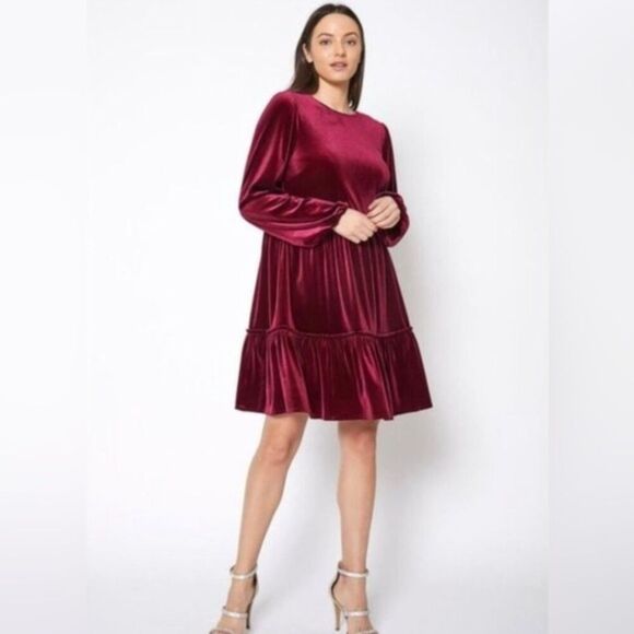 Ophelia Roe Red Velvet Velour Long Sleeve Aline Tiered Ruffle Dress Size Small - Picture 1 of 13
